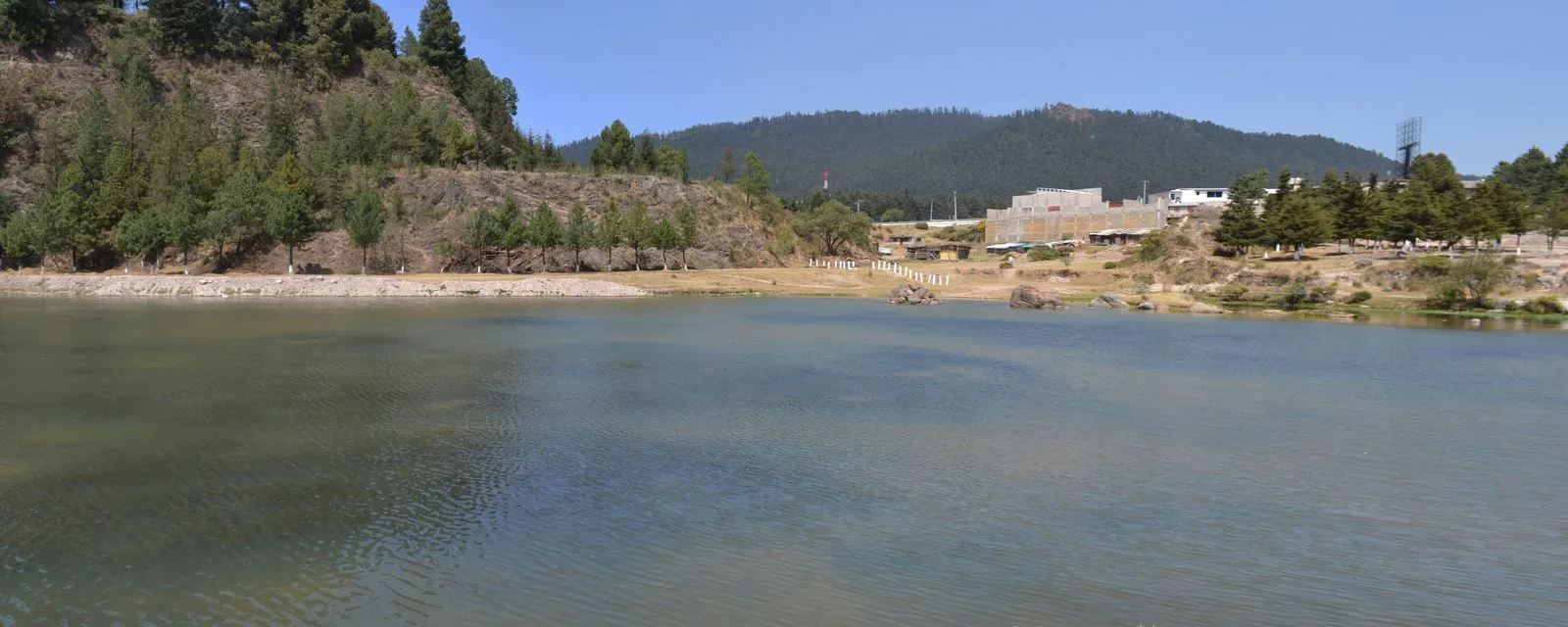 Una laguna del parque nacional Insurgente Miguel Hidalgo, con la ladera de pinos bajando hasta la orilla y los lomeríos boscosos al fondo